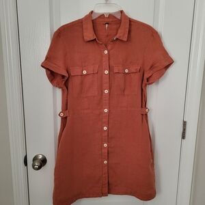 Free People Rust Orange Button-Front Mini Shirt Dress